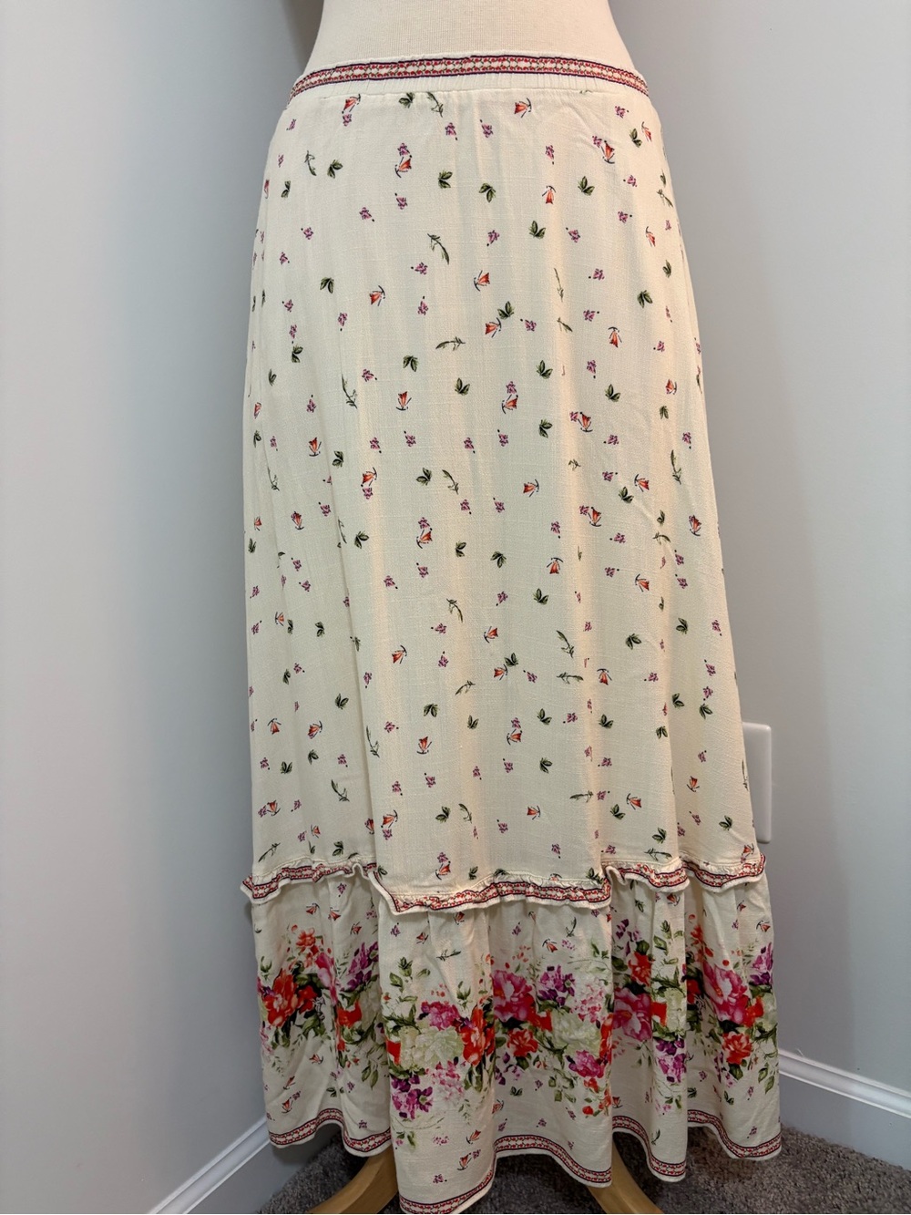 Maxi Skirt with Pink & Green Floral Pattern and Border